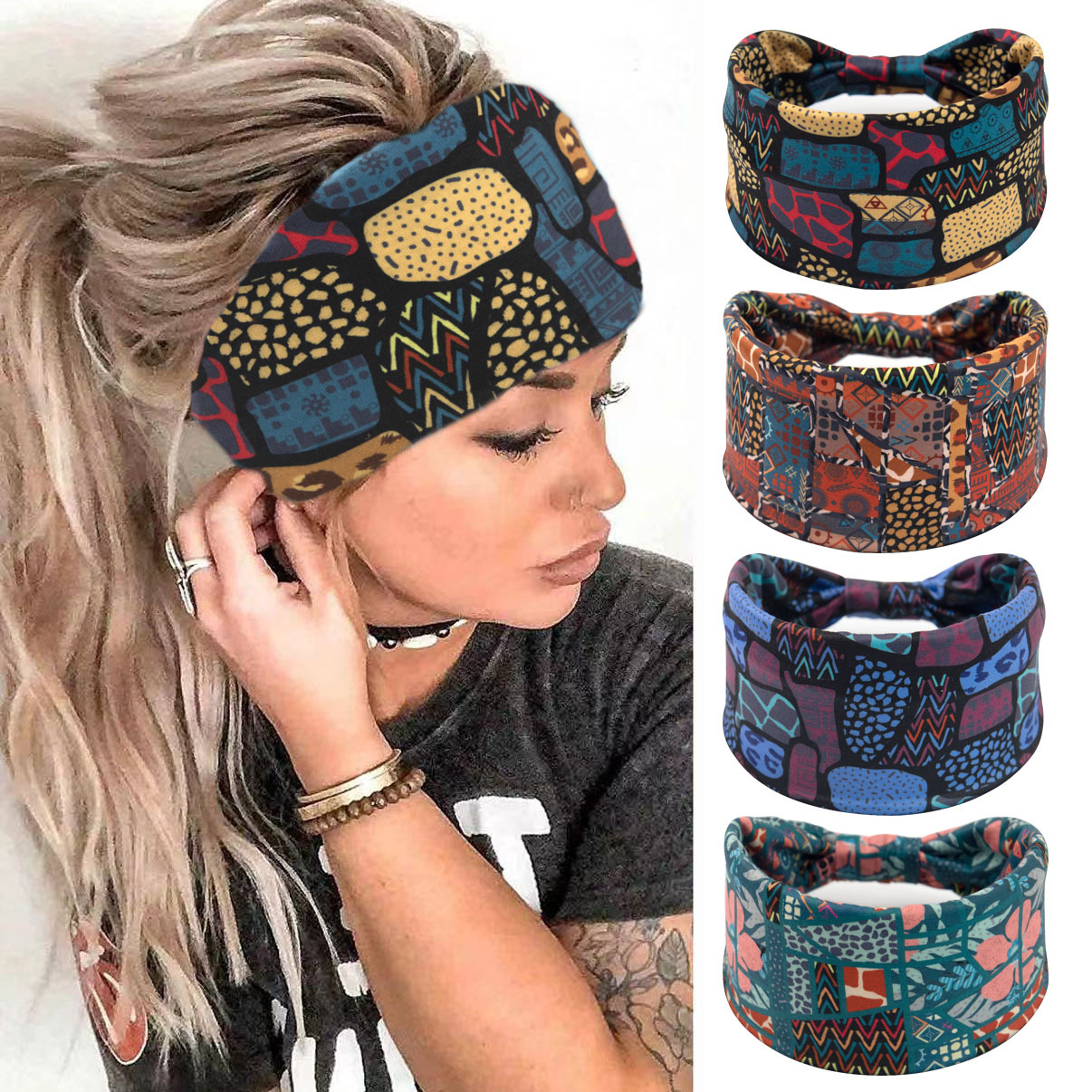 Boho headbands para mulheres largo atado antiderrapante africano bandana elástica yoga turbante lenços de cabelo treino impresso acessórios para o cabelo