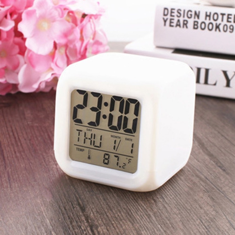 Portable Lovely 7 Colors Change Square Digital Alarm Clock with LCD Screen Display Luminous Mode Home Office Use