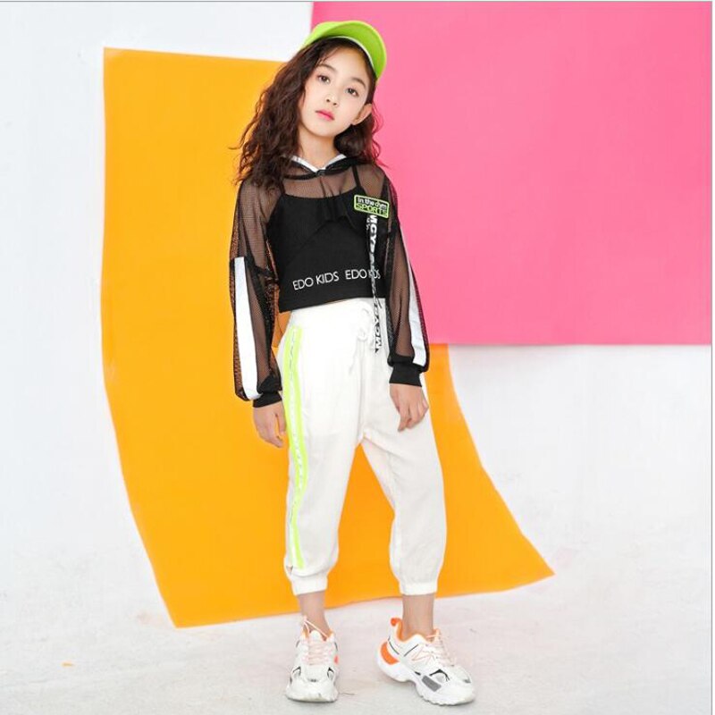 Vêtements de danse Hip Hop pour enfants, sweat à capuche, t-shirt, hauts, pantalons de jogging blancs pour filles, Costume de danse Jazz, vêtements de rue