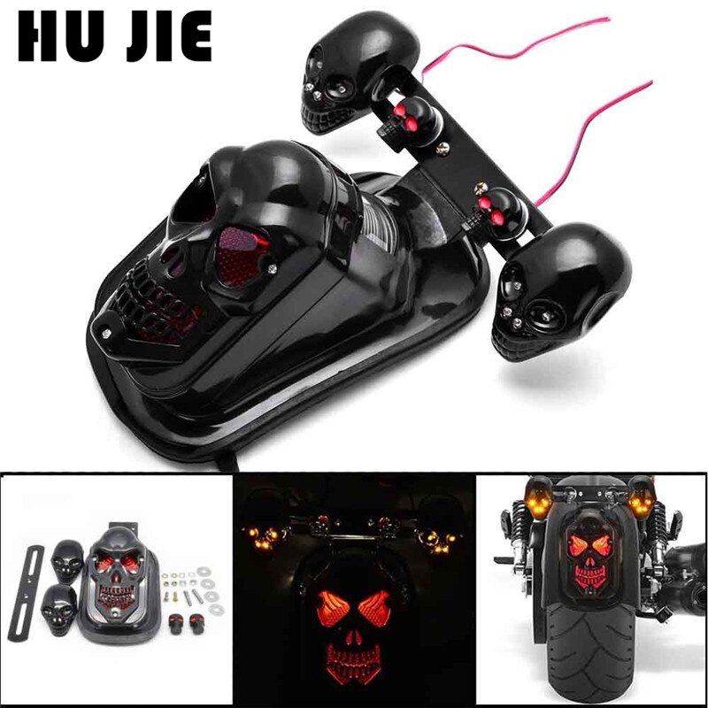 Motorrad Schädel Bremse Hinten Platte Schwanz Blinker Licht Für Harley Bobber Chopper Schwarz