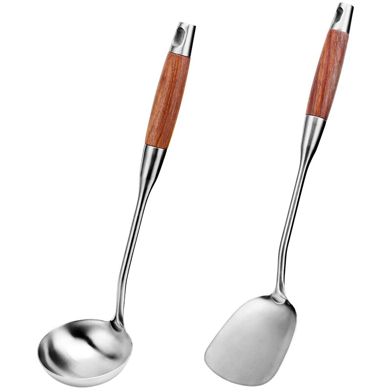 2 Stainless Steel Kitchen Utensils Set, 304 Stainless Steel Wok Spatula and Spoon Set