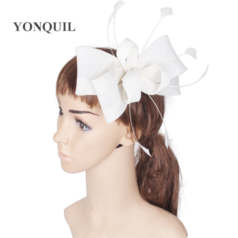 Blanc bow nouvelle mariée coiffe de mariage fascinator accessoires femmes plume coiffe maille cheveux chapeaux mariage bandeau