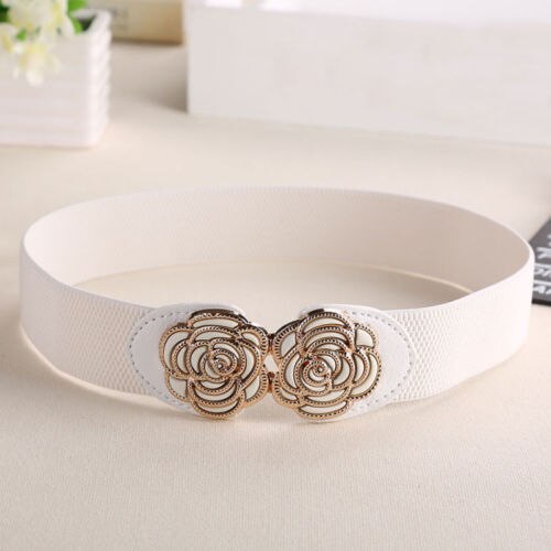 frauen Dame metallisch retro Blume Elastische dehnbar Kleid Schmale Taille Gürtel Band verrotten Blau Schwarz Weiß Rosa: Weiß
