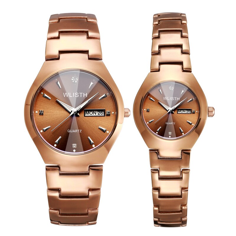 Dames Horloges Koffie Goud Glow-In-The-Dark Waterdichte Stalen Band Liefhebbers Studenten Horloges Mannen Quartz Horloge vrouwen: A pair of golden