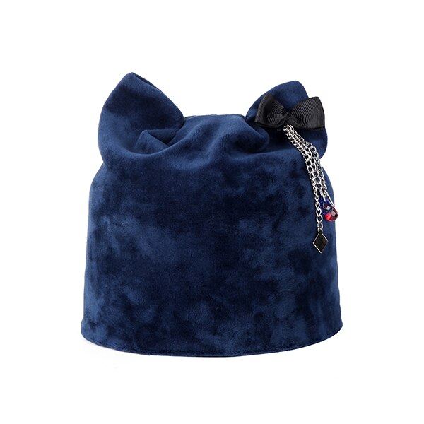 Wintermutsen dames muts effen kleur zacht voor de herfst fluwelen flanellen muts casual schattige strik voor meisjes skullies pet: Marineblauw 2