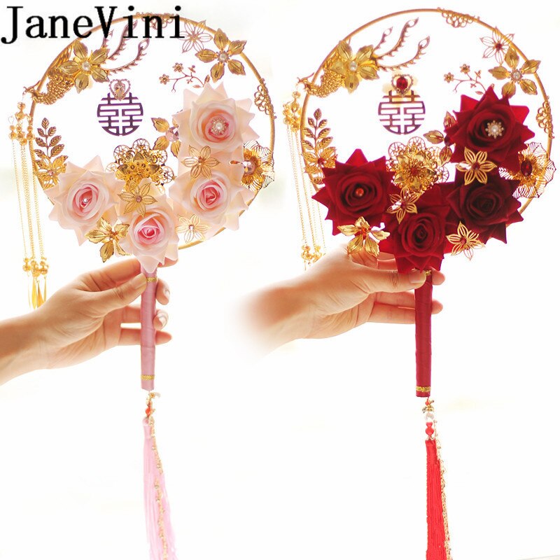 JaneVini Luxe Gouden Bloemen Fan Ronde Rode Roos Kunstmatige Bruidsboeket Chinese Stijl Parel Kralen Wedding Boeket Bruid Fans