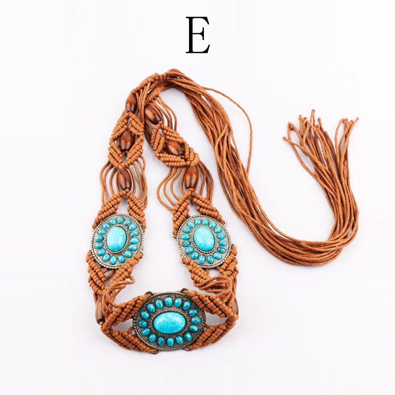 Correa de cera de viento étnica para mujer, cinturón tejido hecho a mano, cadena de cintura Bohemia, accesorios de vestido, cinturón de falda: E