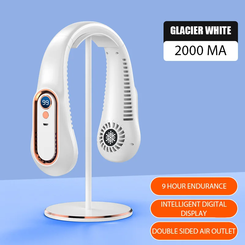 Ventilador de cuello colgante, Ventilador de potencia con pantalla Digital, Ventilador con banda para el cuello sin aspas, Mini Enfriador de aire portátil, ventiladores eléctricos recargables por USB: Blanco