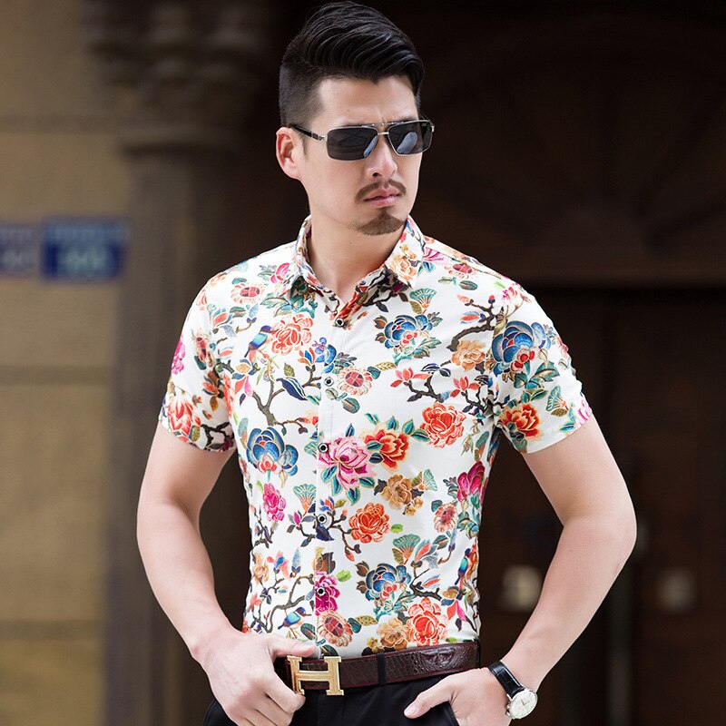 Mannen Kleding Zomer Mannen Bloem Overhemd Casual Stretch Gemerceriseerde Katoenen Shirt Korte Mouw Camisas Para Hombre