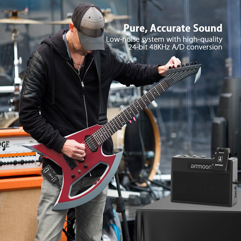 ammoon Wireless Guitar Transmitter Audio Transmitter Receiver System 2.4G Rechargeable 6 Channels for Electric Guitar Bass