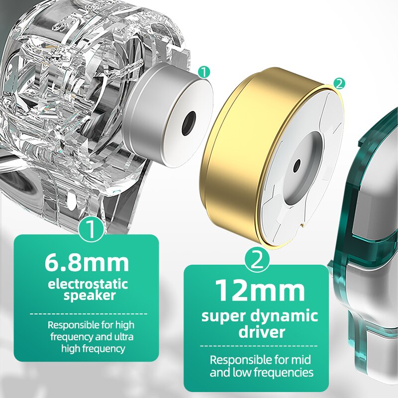 KZ ZES-auriculares con cable, tecnología híbrida electrostática + dinámica, auriculares de música de graves de Metal con micrófono, Auriculares deportivos