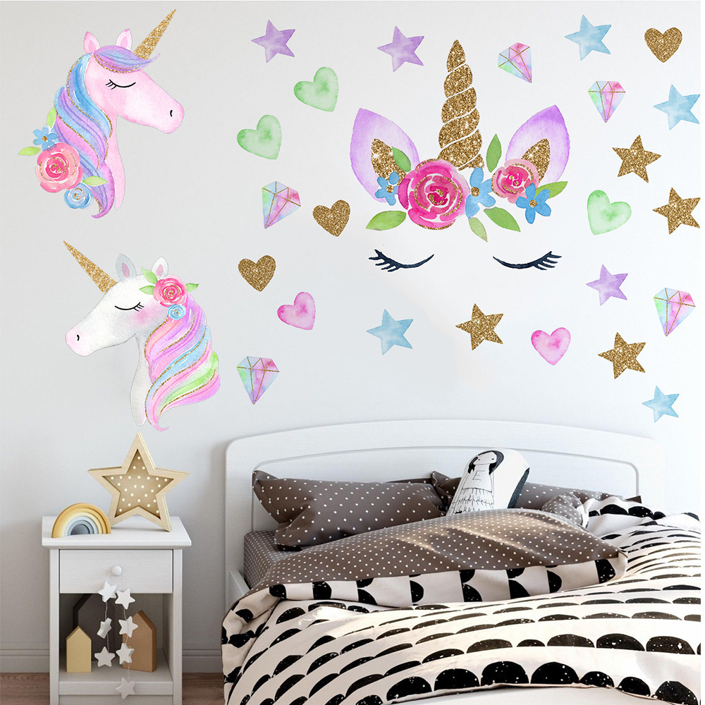Pegatina de pared de unicornio dorado para habitación de niños, pegatina decorativa de dibujos animados, calcomanía de unicornio de estrella, fondo extraíble, decoración de pared