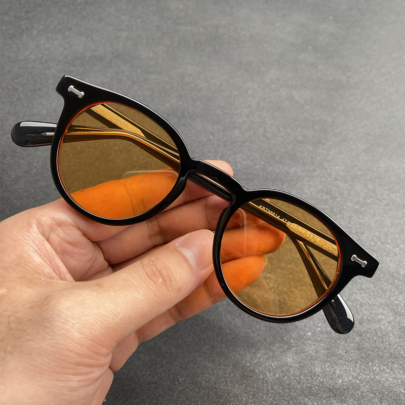 Farvede solbriller til mænd med  uv400 uv beskyttelsesgrader, retro runde acetatsolbriller til kvinder, lys orange glasskærm med styrke