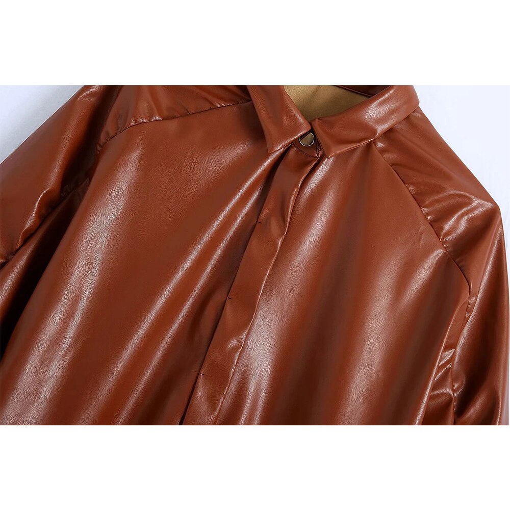 Fall Winter Women Faux Leather Shirt Long Gathering Sleeves Casual Chic High Street women Shirts