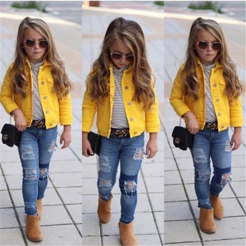 Children Baby Girl Kids Outerwear Coat Denim Jacket Jeans Long Sleeve Solid Yellow Girls Tops Clothes 1-6T