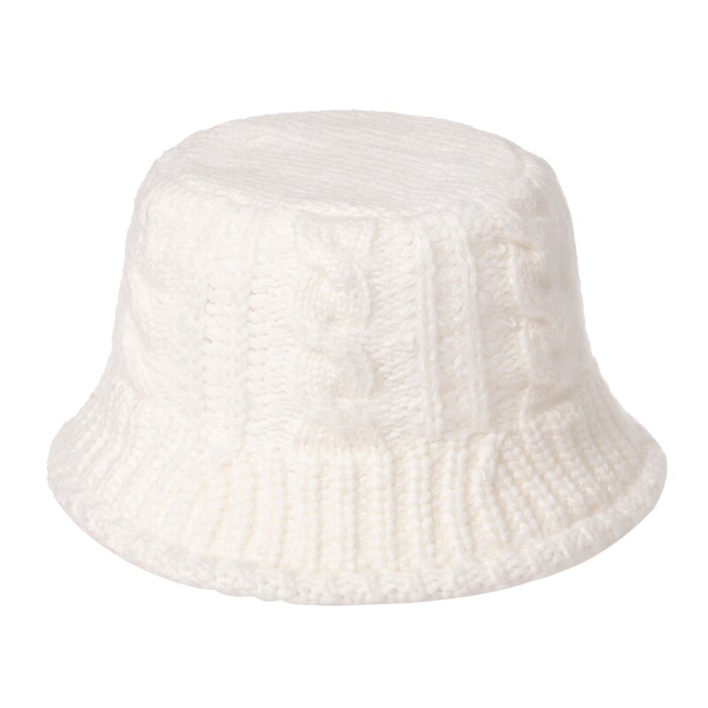 FOXMOTHER Black White Solid Winter Braid Knitted Bucket Hats Winter Warm Caps For Women Ladies gorros Fishing Caps: white