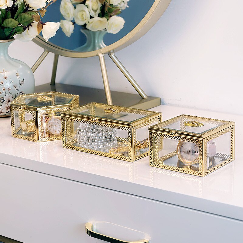 Nordic Gold Grid Glass Storage Box Luxury Modern Cosmetics Jewelry Storage Box Container Desktop Bathroom Storage