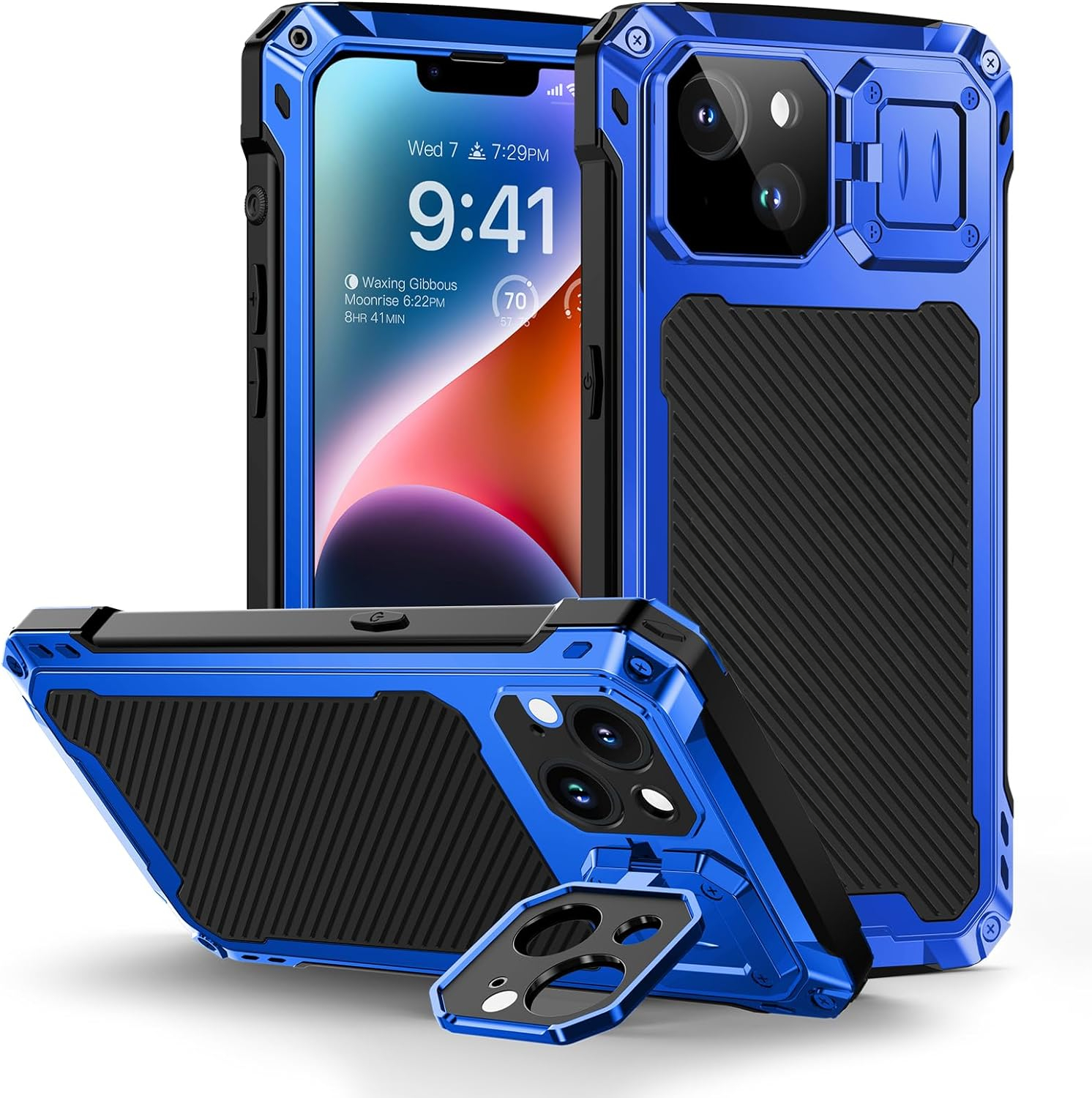 Voor iPhone 14 15 16 Pro Max Plus Aluminium Metal Armor Magnetische Telefoon Gevallen Lens Stand Screen Protector Zware Schokbestendige Cover: Nylon / Blauw