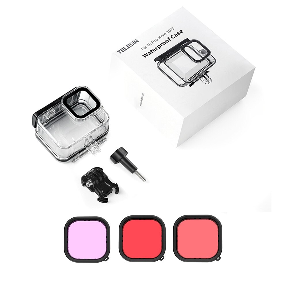 Telesin 50m caso à prova dwaterproof água para gopro hero 9 10 mergulho subaquático habitação capa com filtro de lente para gopro hero 9 10 acessórios: Case Filter Set