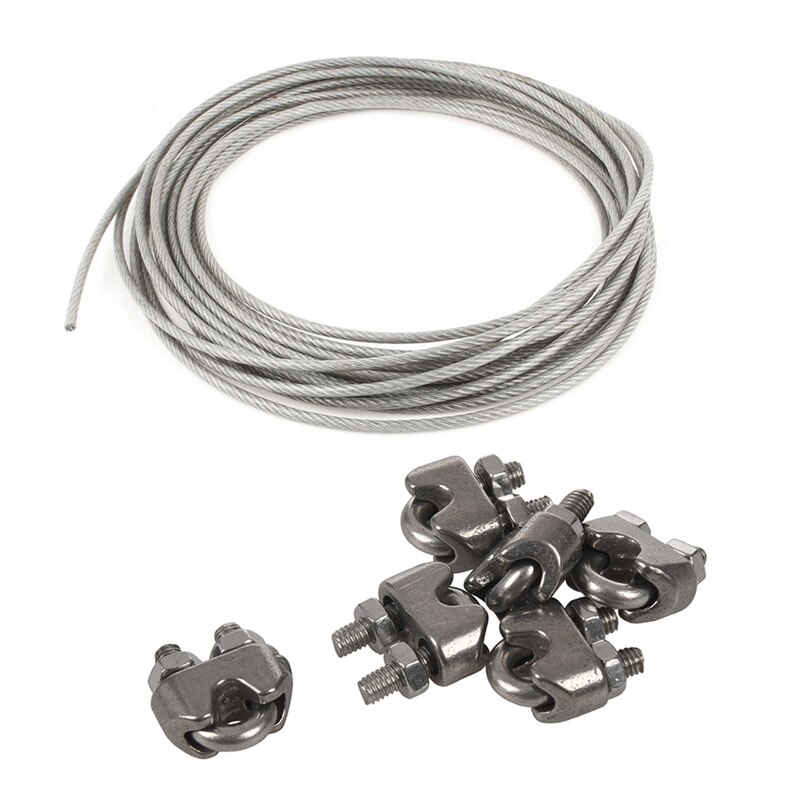 5Mm Dia Steel PVC Coated, Flexible Wire Rope Cable With 6Pcs 304 Stainless Steel Saddle Clamp Cable Clip