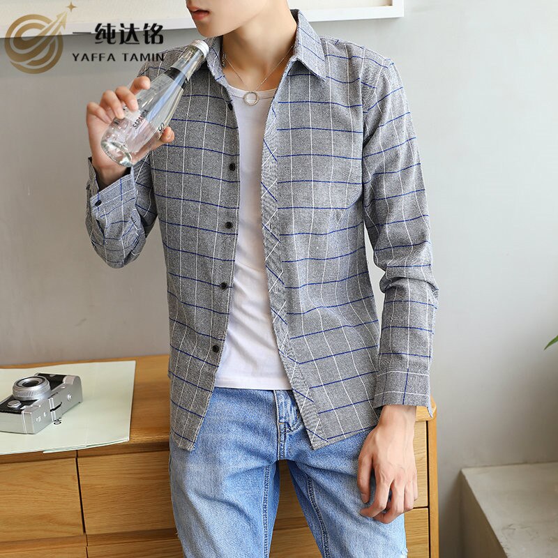 Camisas a cuadros grises, camisas informales de algodón 100% a rayas, camisas de hombre con cuello vuelto, camisas de tela ancha para hombres, camisetas a la de Top Boy