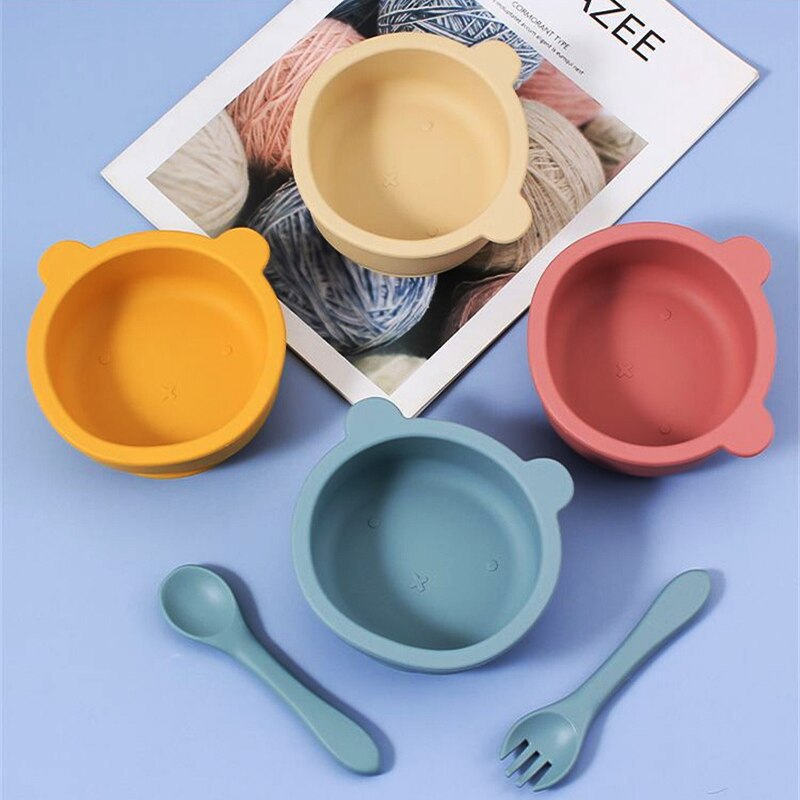 Suction Cup Baby Dishes BPA Free Silicone Baby Feeding Bowl Kids Tableware Non-Slip Infant Food Plate Kids Training Spoon Fork
