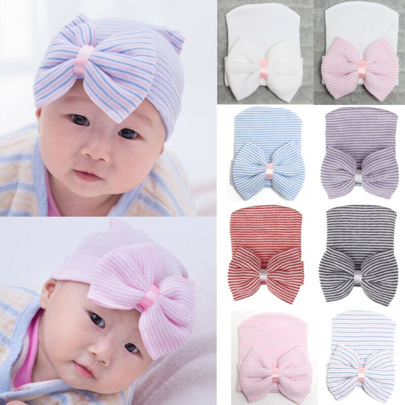 Bonnet à nœud papillon pour bébé unisexe, accessoires pour -né, confortable, à rayures, doux et , pour hôpital,