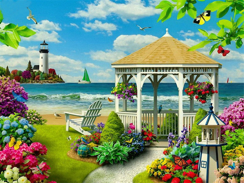 5D Diamant Schilderij Tuin Hut Diamant Geborduurde Bloemen Volledige Boor Kruissteek Alle Geplaatst Forest Lake Landschap: 2550