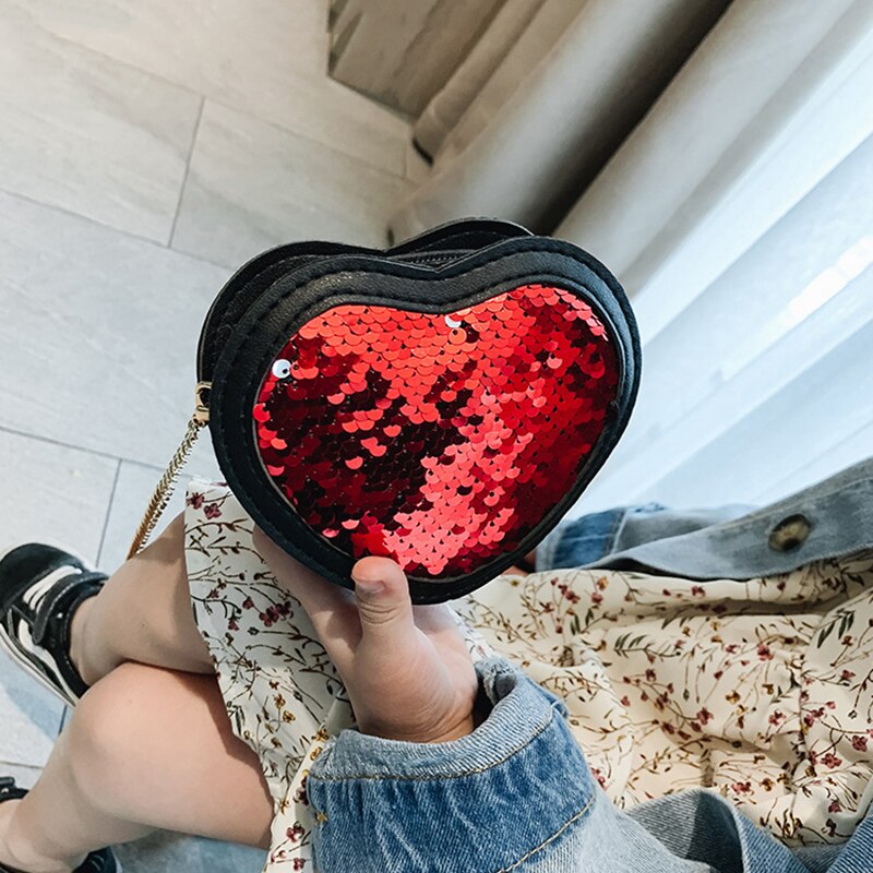 Europe Cute Girls Sequins Coin Purses Heart-shaped Princess Mini Glitter Paillette Bag Kids Chain Messenger Bag Wallets