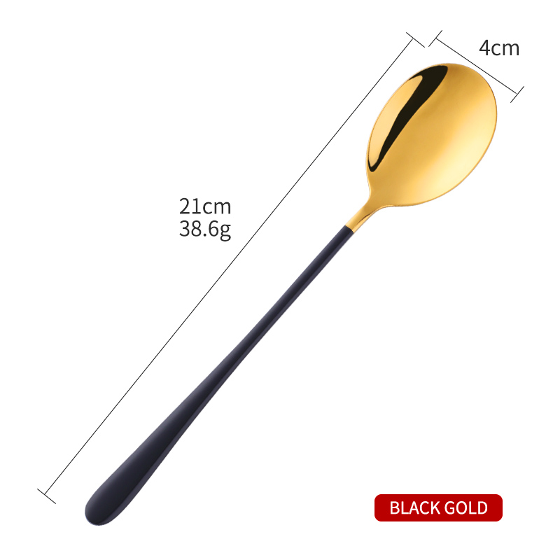 1PCS Korea Spoon Stainless Steel Soup Spoon Long Handle Gold Dessert Spoons Round Dinner Spoon Set Tableware Set: Black Gold