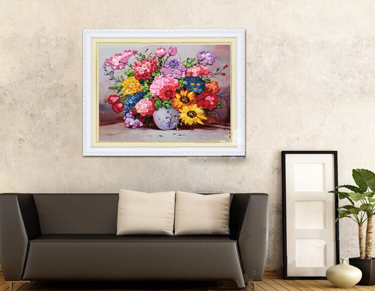 Bloeiende bloemen zijde lint borduren 3D satijn telpatroon canvas schilderij handwerken handwerk DIY thuis muur decora