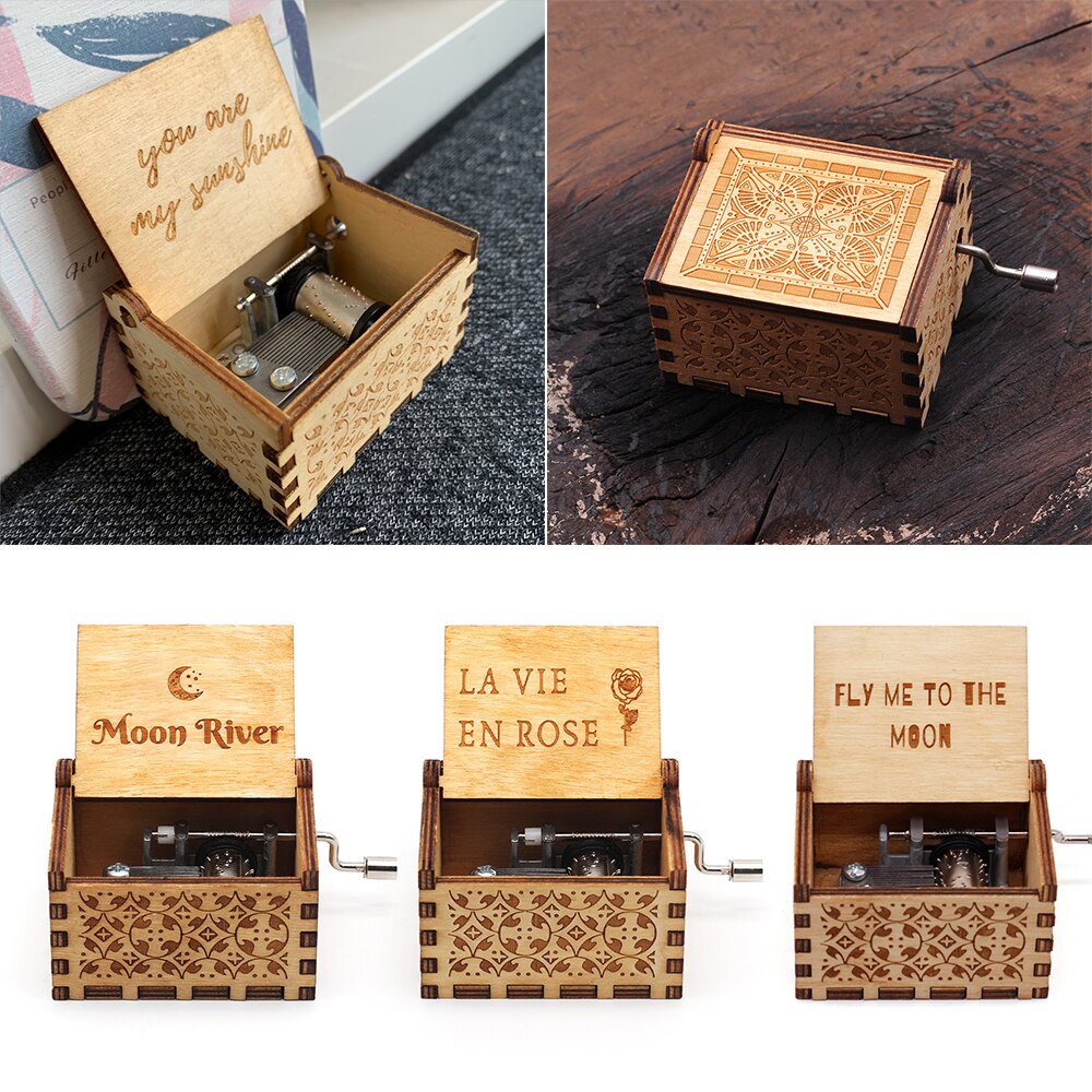 Graveren Handgemaakte Houten Muziekdoos Hand Crank Music Box Antieke Gesneden Vintage Aanwezig Kerst Cadeau Voor Liefhebbers