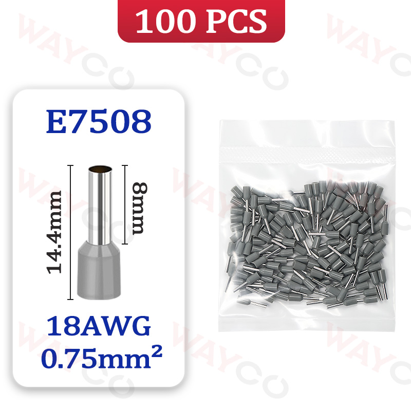 100 Stks/pak E0508 E7508 E1008 E1508 E2508 Buisvormige Crimp Terminals Adereindhulzen Koudgeperste Geïsoleerde Elektrische Draad Connectoren: E7508 - 100PCS