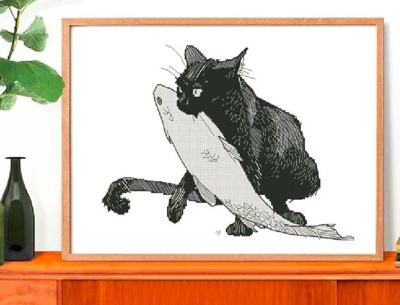 Paquet point de croix sur le canapé | Chat noir 18ct 14ct 11ct, tissu, fil de coton brodé couture
