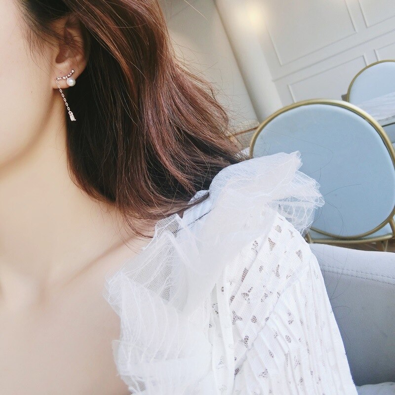 Women Korean TV Star Zircon Cute Simulation Pearl Earrings Rhinestone Long Line Pendientes Jewelry