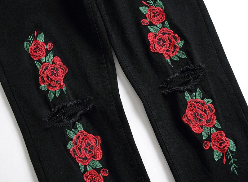 MORUANCLE Männer der Bestickte Jeans Hosen schlank passen Zerrissene Denim Schlauch Mit Stickerei Für Mann dehnbar Schwarz