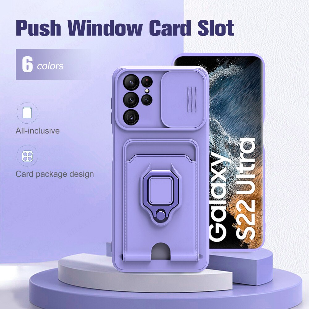S22Ultra Case Push Slide Camera Protect Shockproof Cover For Samsung S22 Ultra S 22Ultra Car Magnetic Ring Stand Card Slot Cover