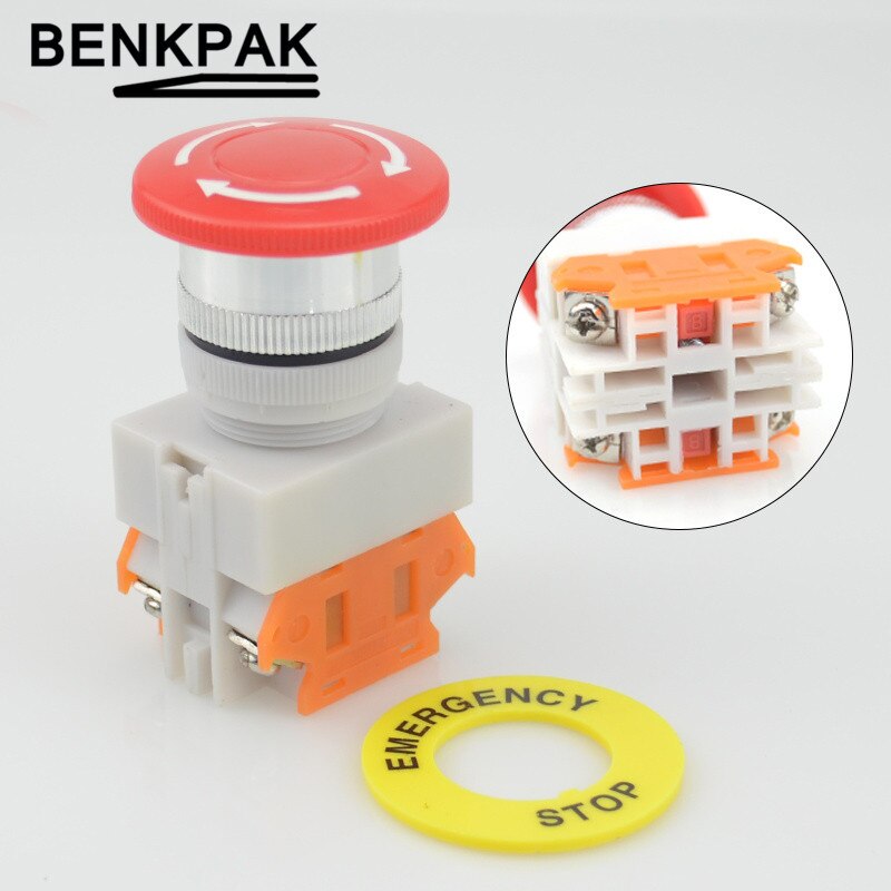 Interruptor de botón de parada de emergencia, bloqueo pulsador NO + NC, reinicio de giro, seta: 2NO