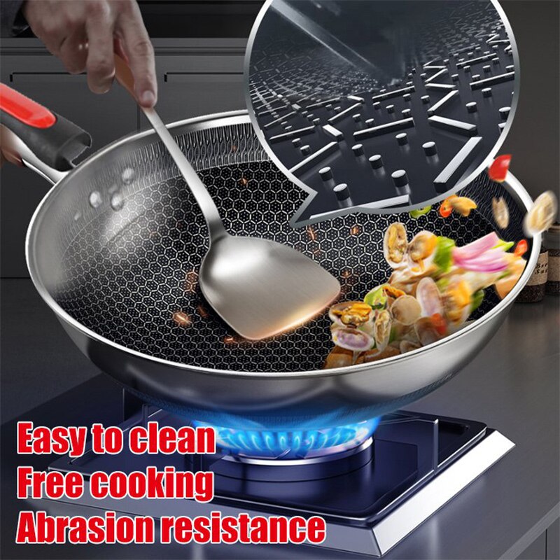 34cm Unbeschichtete Pfanne, edelstahl wok, Waben , Gleichmäßige erwärmung, Für Elektrische, induktion und Gas Öfen