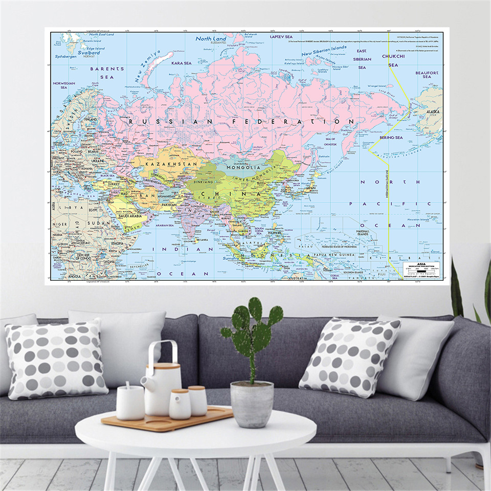 225*150cm The Asia Political Map Wall Art Poster Non-woven Canvas Painting Classroom Home Decor School Supplies