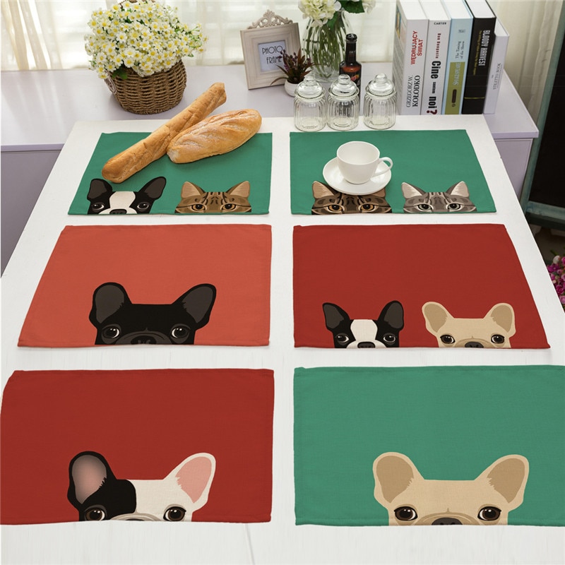 1 stk hund kat mønster dækkeserviet spisebordsmåtte drikkeunderlag western pad bomuld linned kop måtte 42*32cm køkken tilbehør  ma0001
