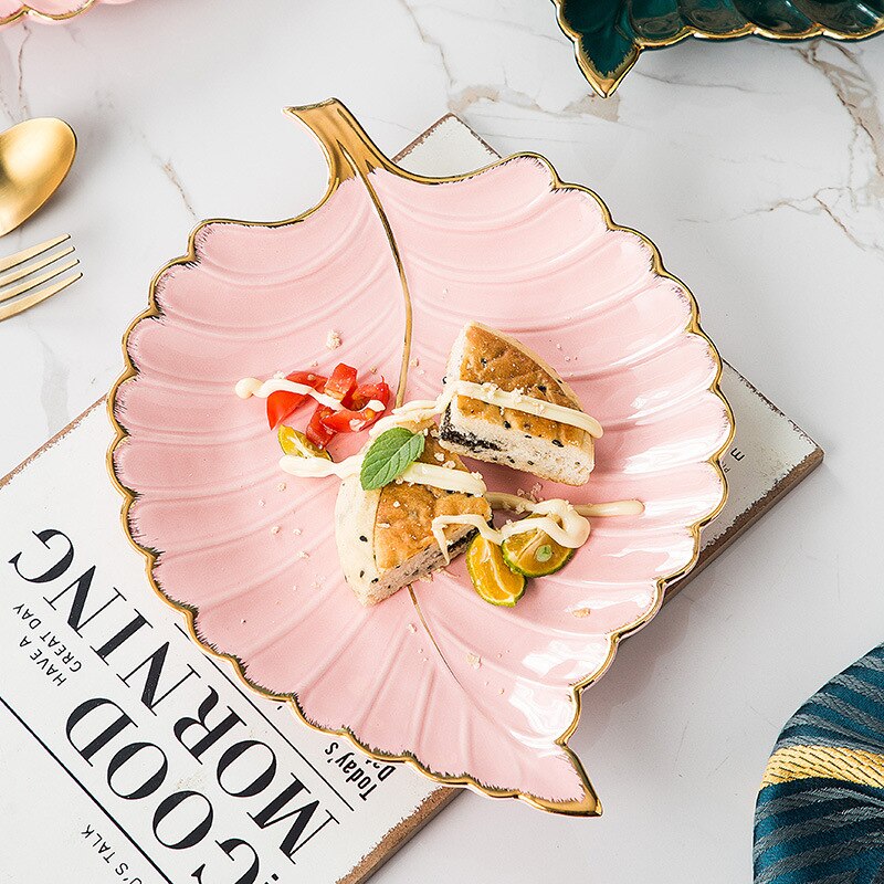 Luxus Keramik Teller Ablage mit Gold Rand Grün Blatt Gold Feder Schmuck machen-hoch Pinsel Lagerung Dekorative Sushi Platte