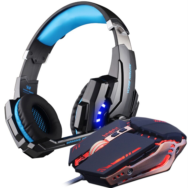 Gaming Headset Stereo Gamer Hoofdtelefoon Met Microfoon Oortelefoon + Gaming Muis 4000 Dpi Verstelbare Gamer Muizen Wired Usb Voor Pc: G9000 BLUE MMR5