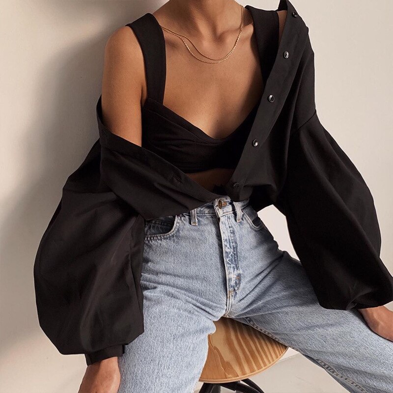 Aonibeier Lady Shirt Exaggerated Lantern Sleeve Button Front Women Casual Blouses Spring Autumn Loose White Shirts Tops