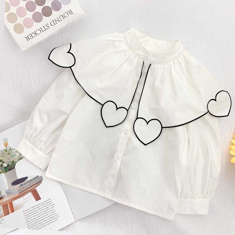 Blusa blanca con bordado de corazón para niños, ropa básica ancha con cuello vuelto, 2 años: Black / 120(4-5Y)