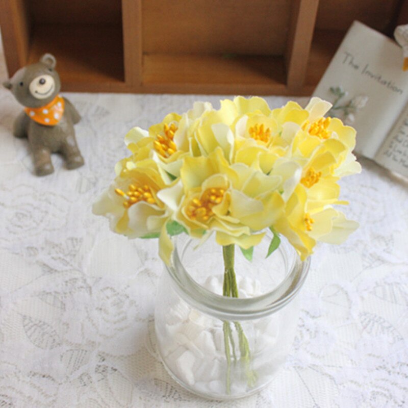 Mini Bouquet artificiel en soie rose 6 pièces/lot | Fleurs en papier pour décoration de mariage, fleurs pour Scrapbooking, boule de fleurs bricolage bon marché: yellow