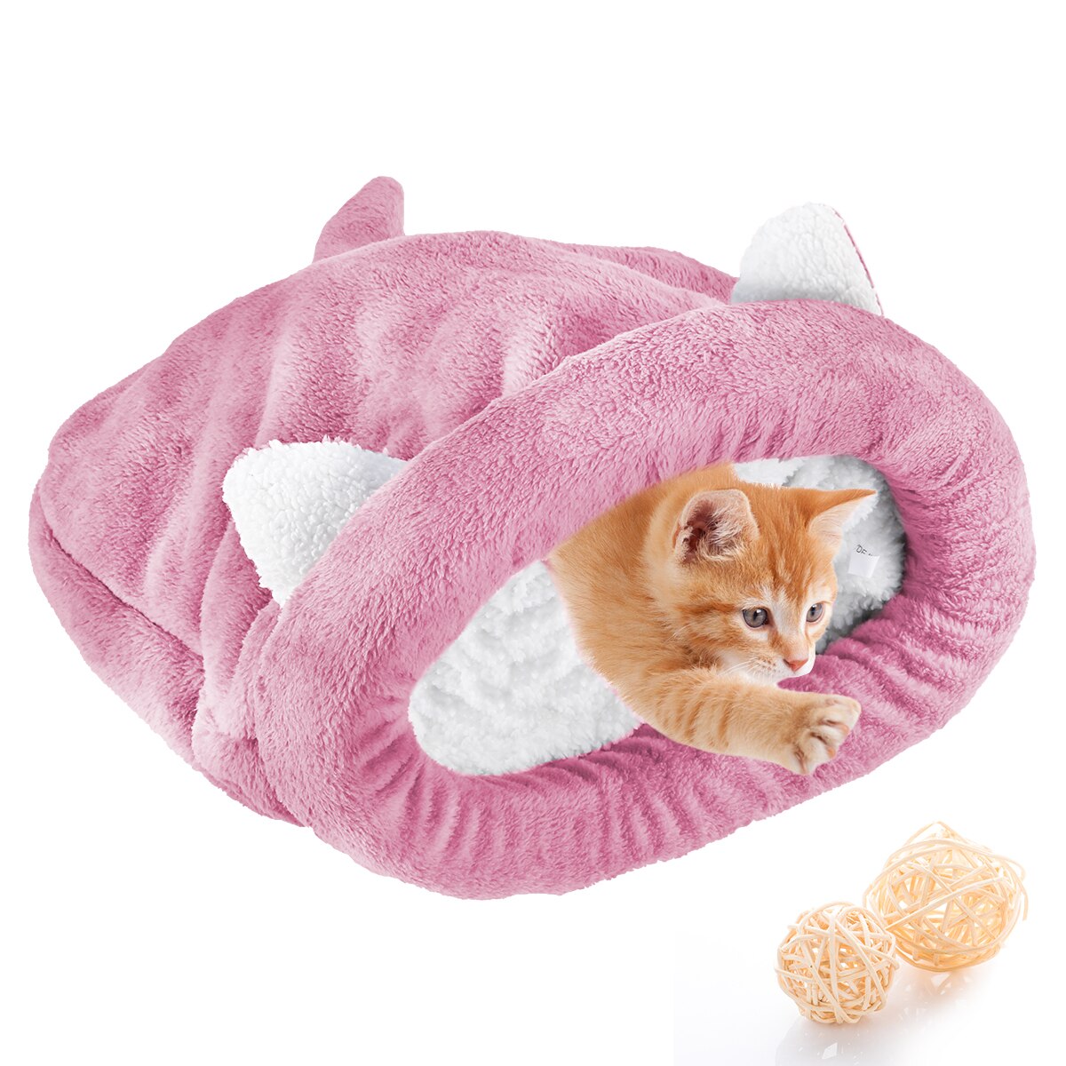 Schattige slaapzak voor katten, warm en comfortabel, premium koraalfleece, bedekt, knuffelbaar bed voor katten, puppy's, konijnen en andere kleine huisdieren: Roze / M