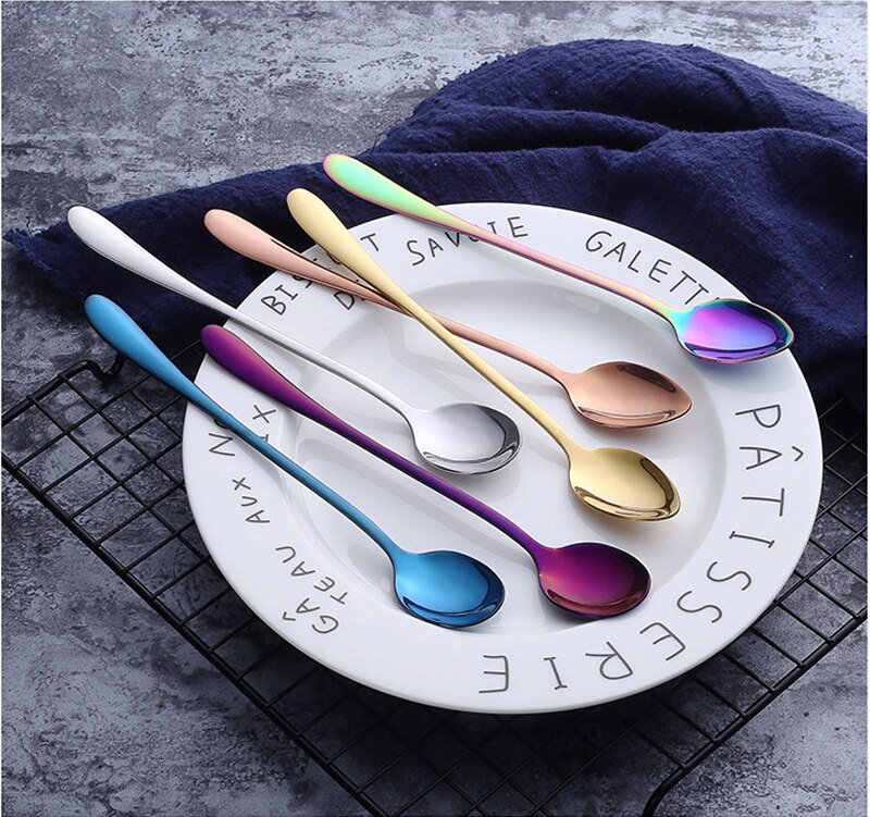 Colorful stainless steel dinner spoons, metal laddle long handle soup spoon, cooking, kitchen table spoon, soup scoop, dinner
