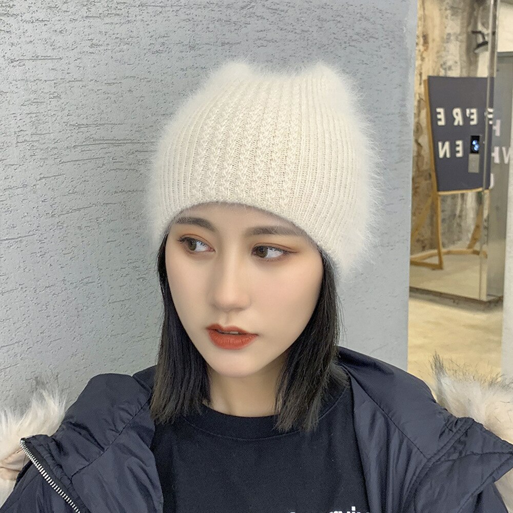 Bonnet en fourrure de lapin pour femmes, couleur unie, oreilles de chat, doux, à la , pour l&#39;extérieur, garde au , hiver