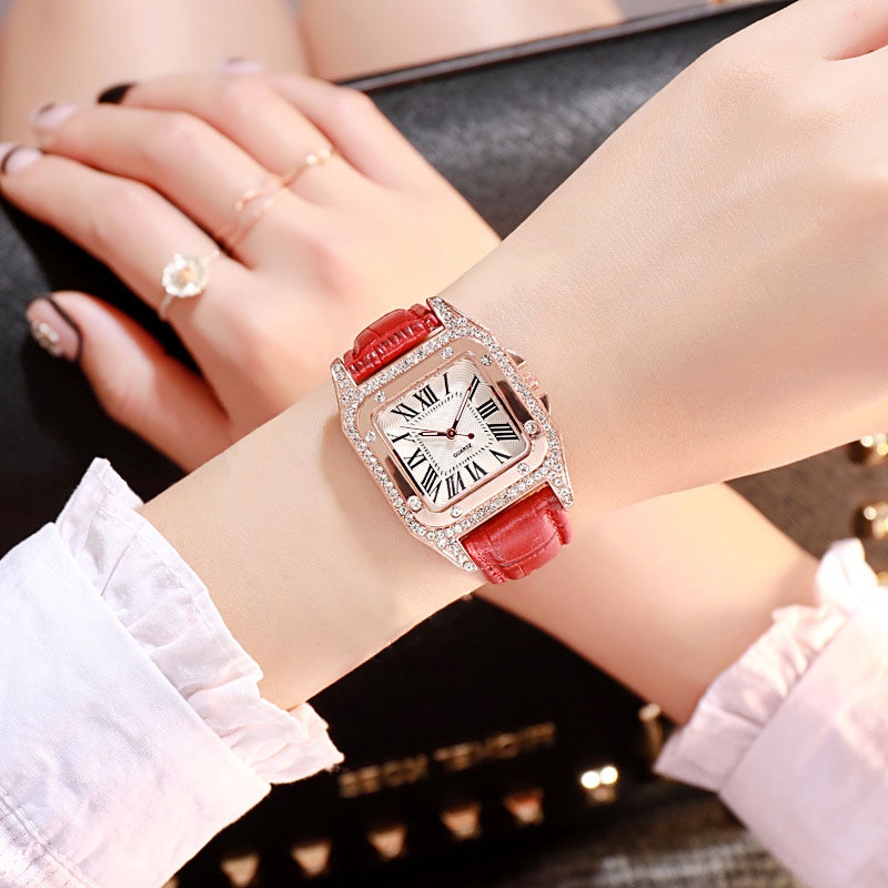 Vrouwen Diamanten Horloge Starry Luxe Armband Set Horloges Dames Casual Lederen Band Quartz Horloge Vrouwelijke Klok Zegarek Damski: Red